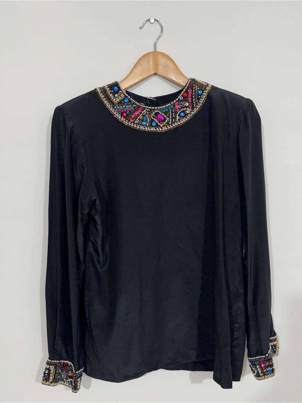 WSH6 {Oleg Cassini} Vintage Black 100% Silk Beaded Embellished Blouse Top Shirt
